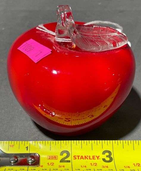 Red Glass Apple Paperweight with Clear Leaf Accent, 3″