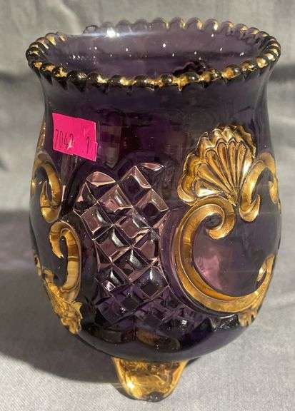 Purple Amethyst Glass Footed Spooner with Gold-Tone Embellishments, (chipped and cracked) 5″