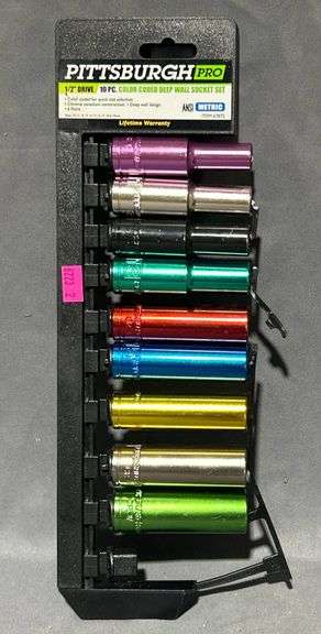 Two Pittsburgh Pro 10-Piece 1/2-Inch Drive Color-Coded Deep Wall Socket Set (missing 19mm socket from set)