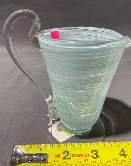 Hand-Blown Glass Pitcher with Swirled Light Blue Detailing