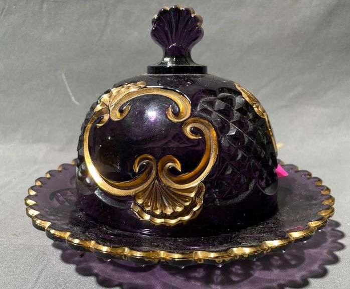 Purple Amethyst Pressed Glass Butter Dish with Gold-Tone Accents, 6″