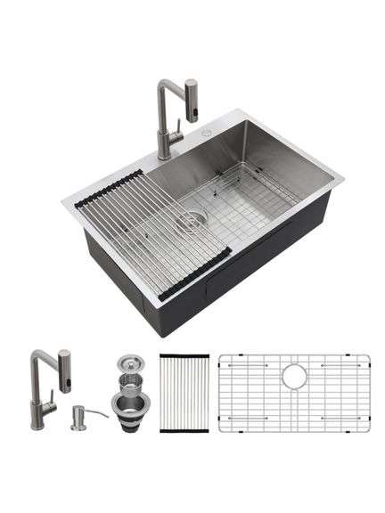 LORDEAR - 33 in. x 22 in. Drop-In Single Bowl 16 Gauge Stainless Steel Kitchen Sink Pull Out Sprayer Faucet and Soap Dispenser