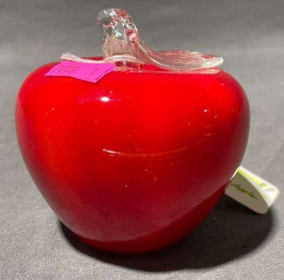 Red Glass Apple Paperweight with Clear Leaf Accent, 3″