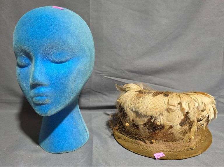 Blue Display Mannequin Head and Feathered Hat 10.5″, 9″