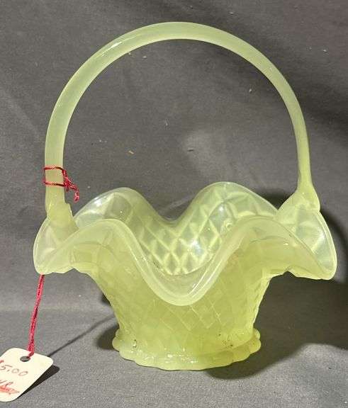 Uranium Glass Basket with Crimped Rim and Loop Handle, 5.5×6.5×6.5″