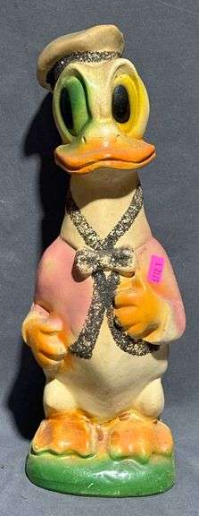 Hand-Painted Chalkware Donald Duck Figurine with Glitter Accents, 13.5 Inches Tall
