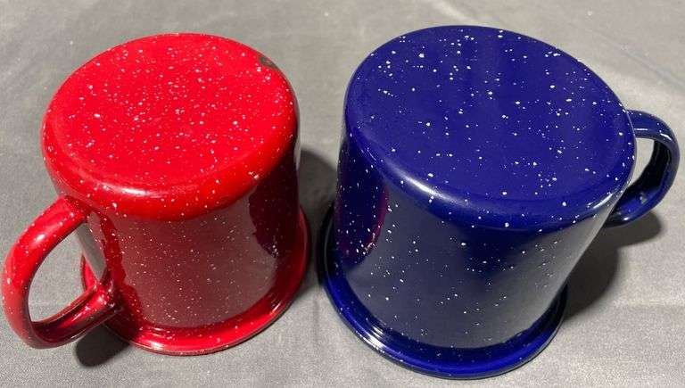 Red and Blue Enamel-Coated Metal Mugs with White Speckled Finish