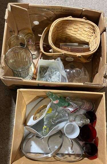 Glassware, Bottles, Basket, And Decorative Plate