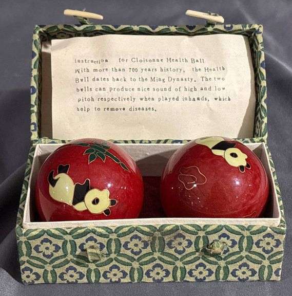 Cloisonné Health Balls in Decorative Box with Floral Motifs