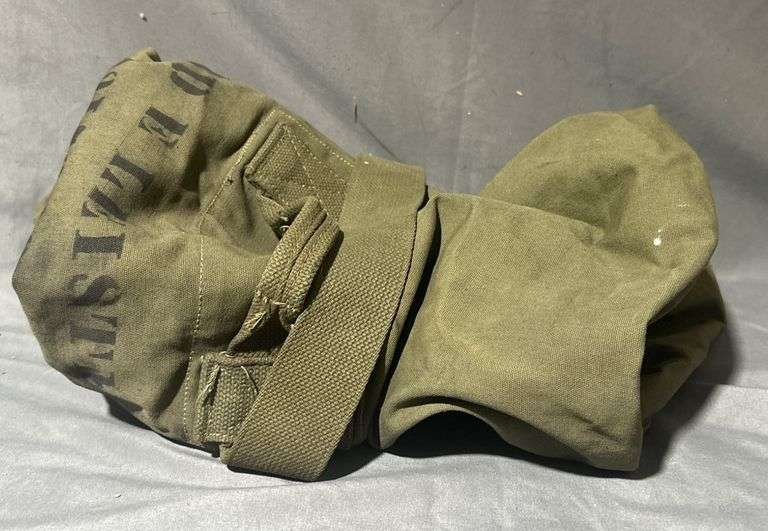 Green Canvas Military Duffle Bag with Straps Marked ‘Edmund E Leistman Approx. 35″ x 20″