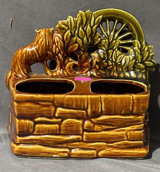 McCoy Pottery Dog and Cat at the Water Wheel, 7x4x7″