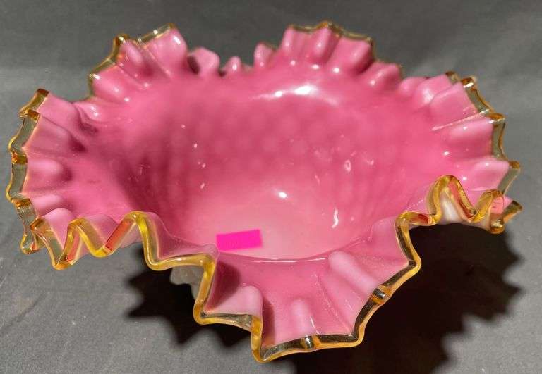 Pink and White Hobnail Glass Bowl with Ruffled Edged Rim, 6″