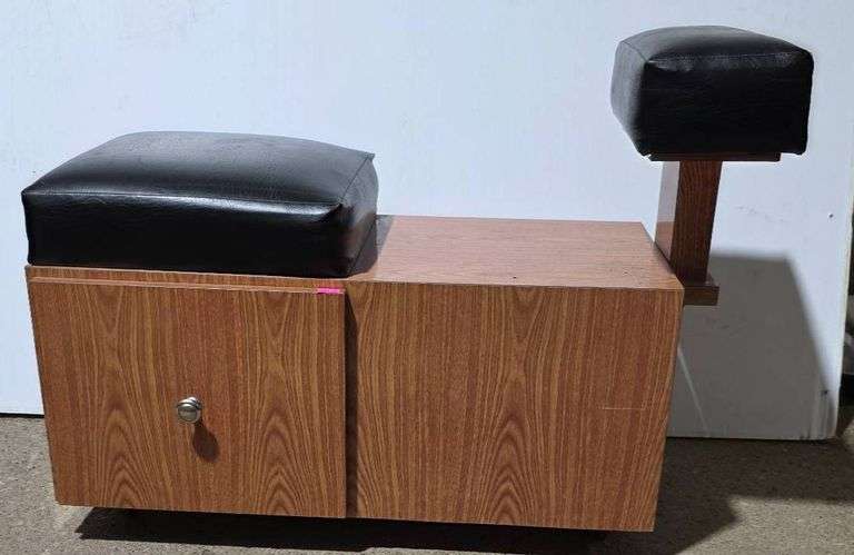 Pedicure Stool with Black Upholstered Cushions and Storage Drawer on Casters 29″ x 13″ x 20″
