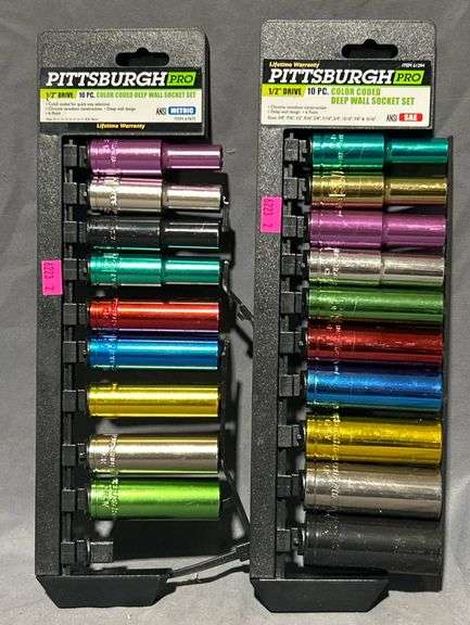 Two Pittsburgh Pro 10-Piece 1/2-Inch Drive Color-Coded Deep Wall Socket Set (missing 19mm socket from set)