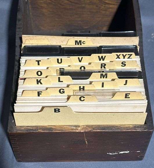 Wood Box with Index Cards and Wilton Cast Iron Matchbox Holder