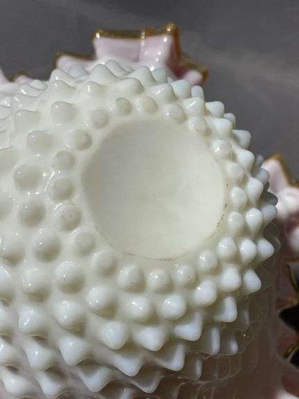 Pink and White Hobnail Glass Bowl with Ruffled Edged Rim, 6″