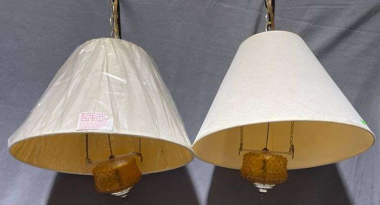 Pendant Lights with 15-Inch Fabric Shades and Amber Hobnail Glass ...