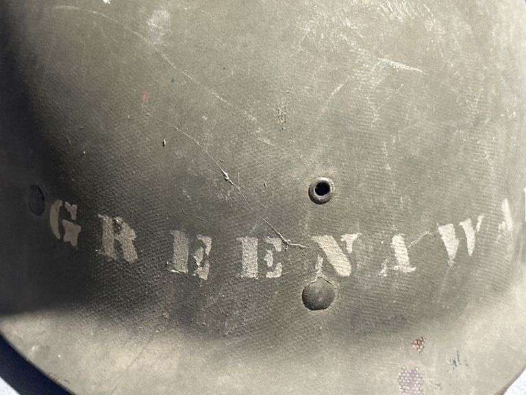 Military Helmet with Liner and Markings ‘Greenawalt’, Approx. 10.5” x 8.5” x 6.5”