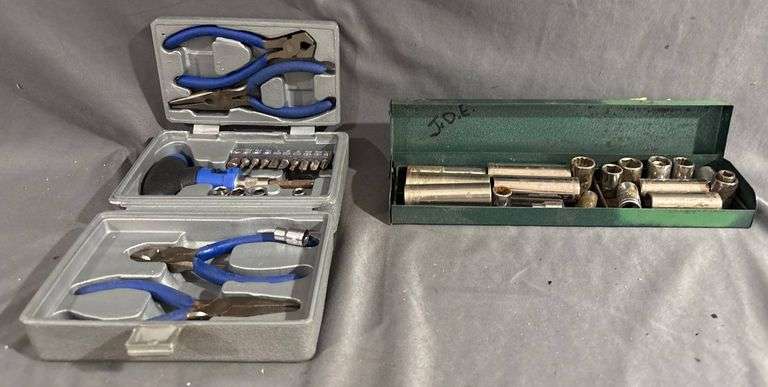 Two Toolkits Featuring Pliers, Sockets, and Bits in Metal and Plastic Cases