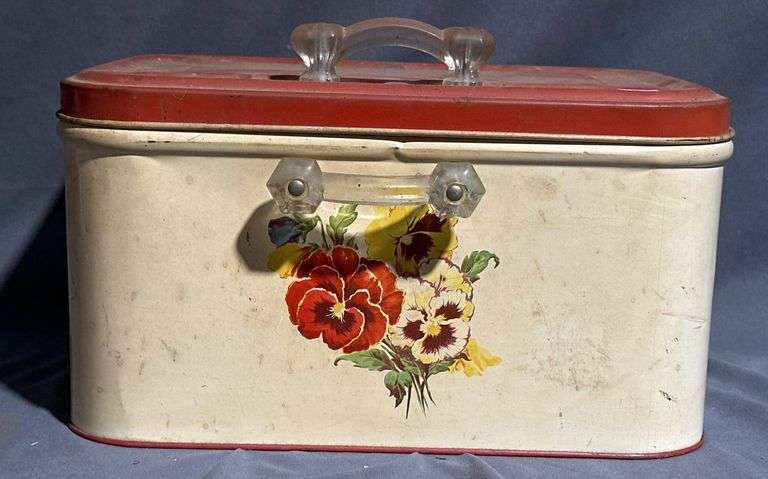 Metal Storage Box with Floral Design and Red Lid 14x10x8″