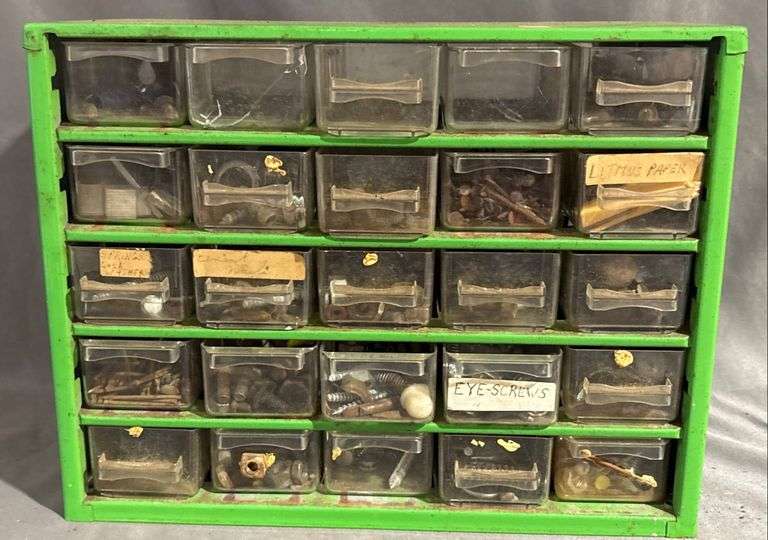 Green Metal Organizer with 24 Plastic Drawers & Contents