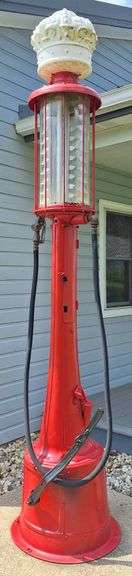 1919 Frye Visible Gas Pump with White Crown Globe Top & Nozzle