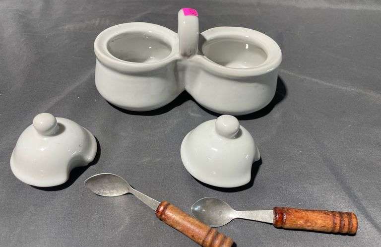 White Double Condiment Holder with Lids and Wood-Handled Spoons, 6″