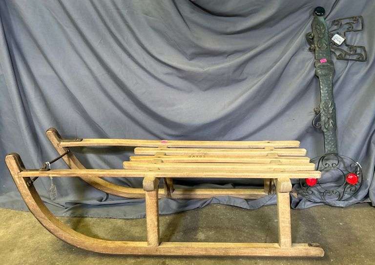 Wood and Metal Sled with Decorative Metal Key Sculpture, 32”x13”x9”, 28”x9”