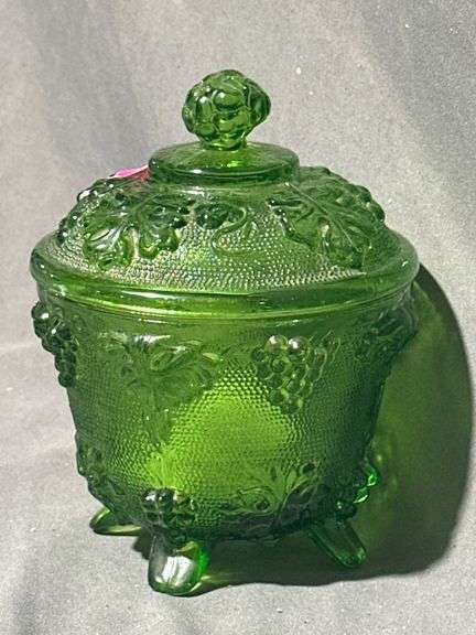 Green Pressed Glass Footed Candy Dish with Lid and Grape Design (Chip on Lid), 4×6″