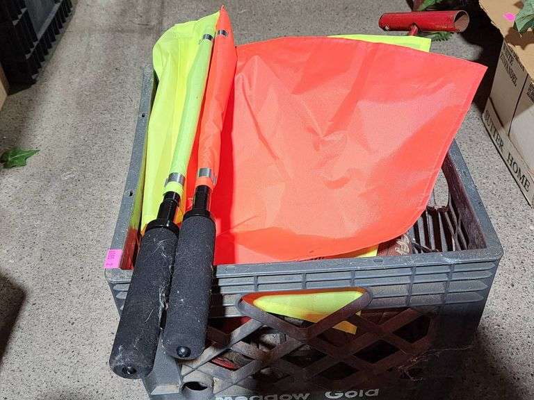 Sports Items Including Wilson Footballs, Air Pump, Flags, and Banners