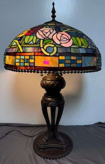 Table Lamp with Stained Glass Shade and Metal Base