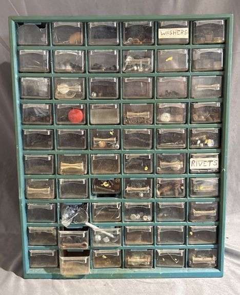 Metal Organizer Cabinet With Plastic Drawers, Labeled ‘Washers’ and ‘Rivets’