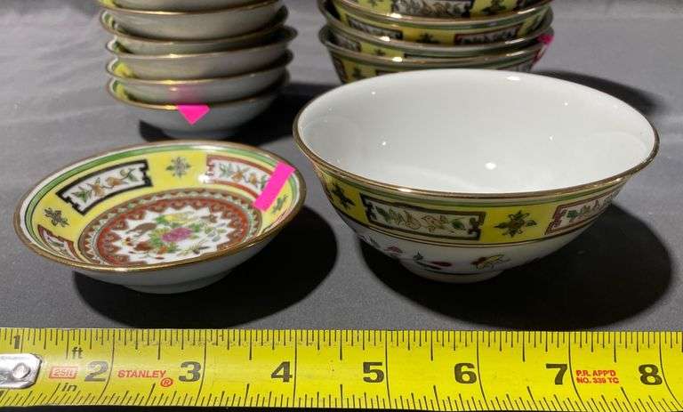 Asian Motif Bowls and Saucers with Multicolor Patterns, Lot of 24, 4-4.5″