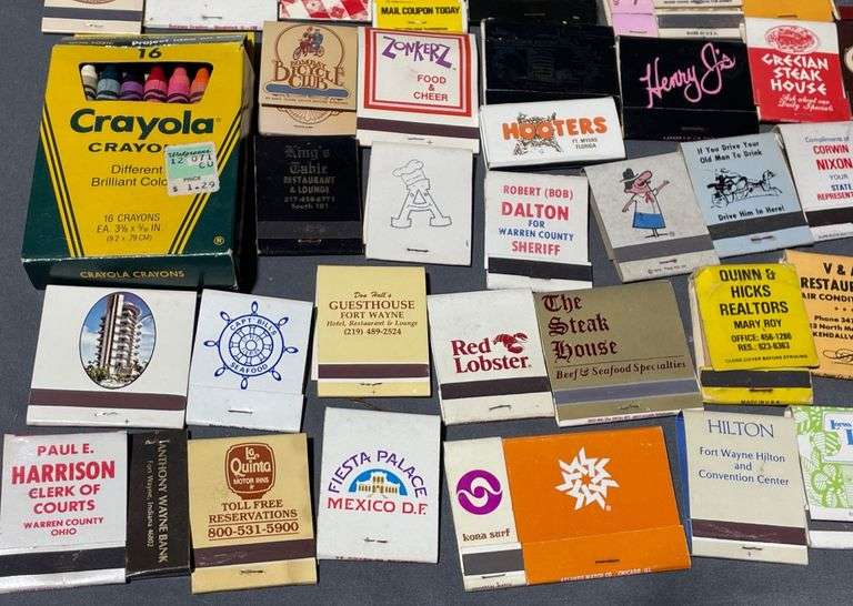 Matchbooks and Crayola Crayons Box Including Business Branding From: Robert Dalton for Warren County Sheriff, Hooters, Grandmas Country Store & The Halls Guesthouse Ft. Wayne, Indiana