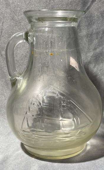 Glass Pitcher with Embossed Clipper Ship, 7” Tall
