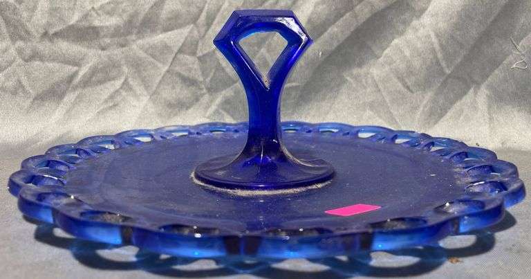 Cobalt Blue Glass Serving Tray with Openwork Rim and Handle