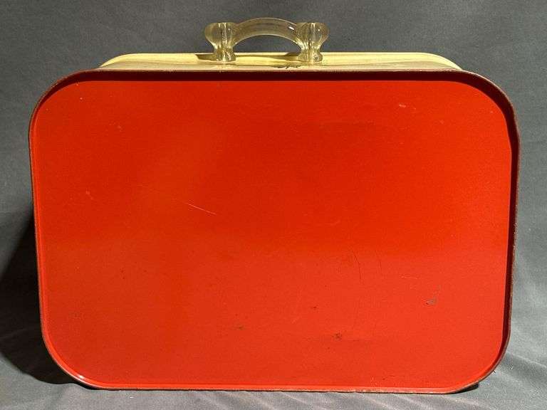 Metal Storage Box with Floral Design and Red Lid 14x10x8″