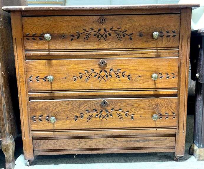 Three-Drawer Spoon Carved Chest with Engraved Front Panels and Brass Hardware