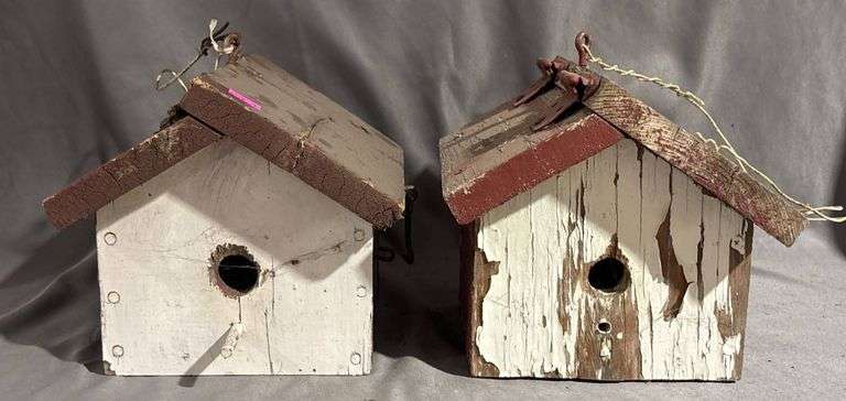 Two Distressed Wood Birdhouses With Hinged Roofs