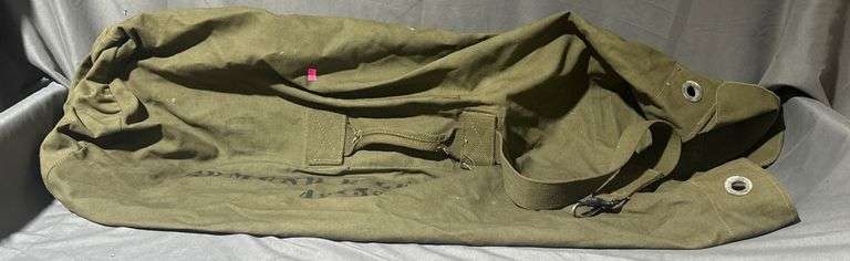 Green Canvas Military Duffle Bag with Straps Marked ‘Edmund E Leistman Approx. 35″ x 20″