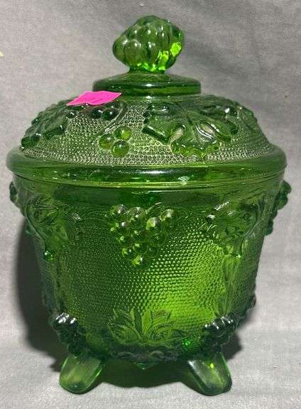 Green Pressed Glass Footed Candy Dish with Lid and Grape Design (Chip on Lid), 4×6″