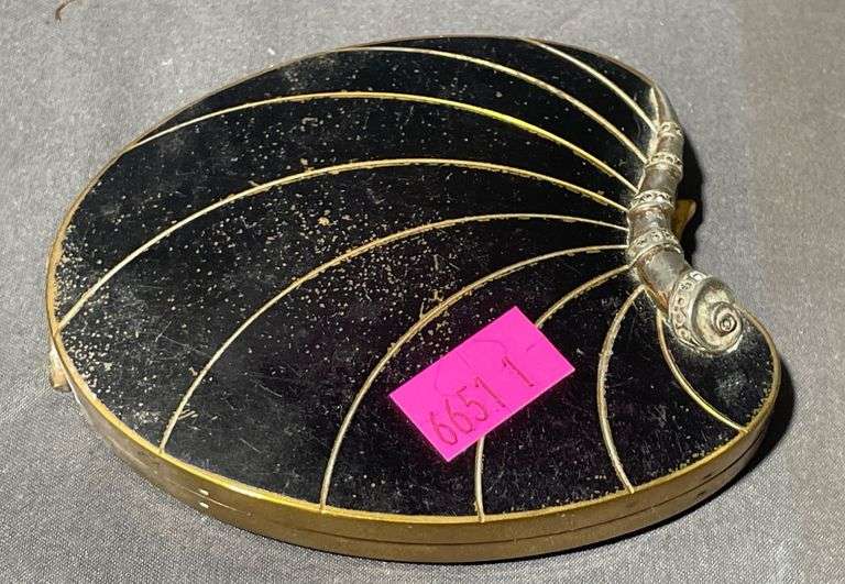 Black and Gold-Tone Shell-Shaped Compact with Mirror and Powder Puff, 3.5″