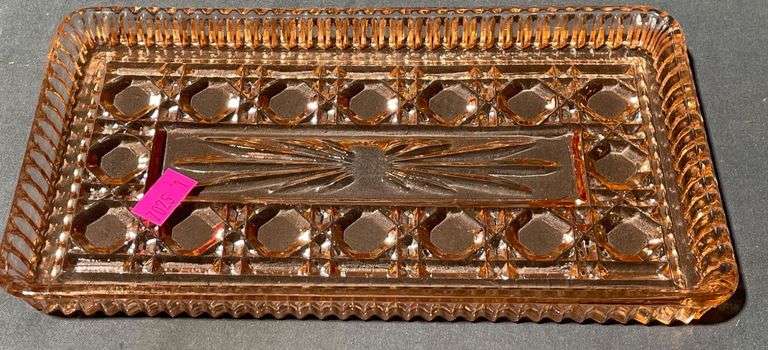 Pink Depression Glass Tray with Patterned Design, 8×4″