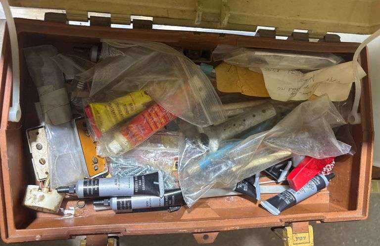 Plastic Storage Box with Mixed Contents, Including Tools and Supplies