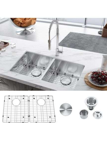 ATTOP - 18-Gauge Stainless Steel 32 in. Double Bowl Undermount Handmade Tight Radius Kitchen Sink