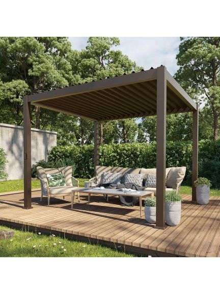 SONKUKI - Titan Series 10 ft. x 10 ft. Aluminized Steel Louvered Pergola Modern Outdoor Pergola with Adjustable Roof, Dark Brown