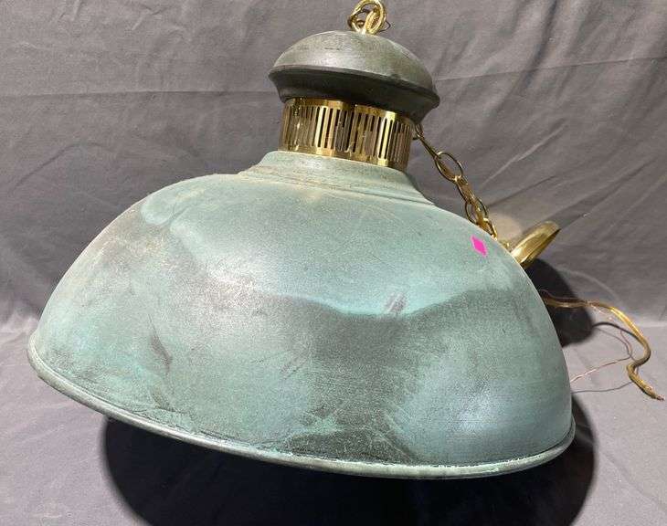 Hanging Metal Pendant Light with Glass Globe and Brass-Tone Elements, 14″