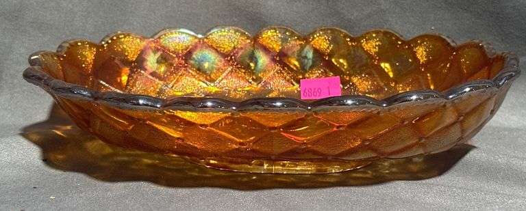 Marigold Carnival Glass Bowl with Floral Motif and Scalloped Edge
