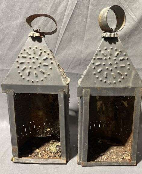 Punched Tin Candle Lanterns with Cone Tops and Hanging Rings