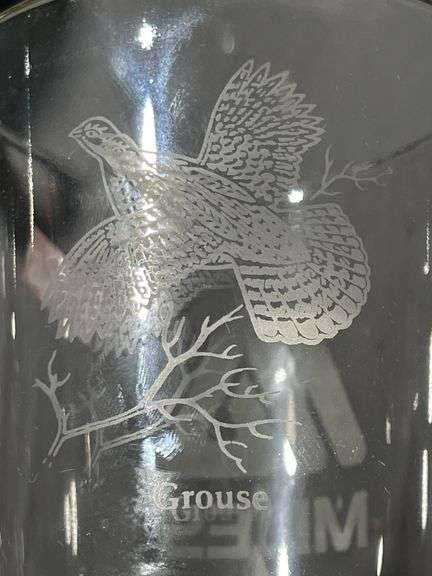 Etched Glass Pitcher and Two Mugs with Miles Logo